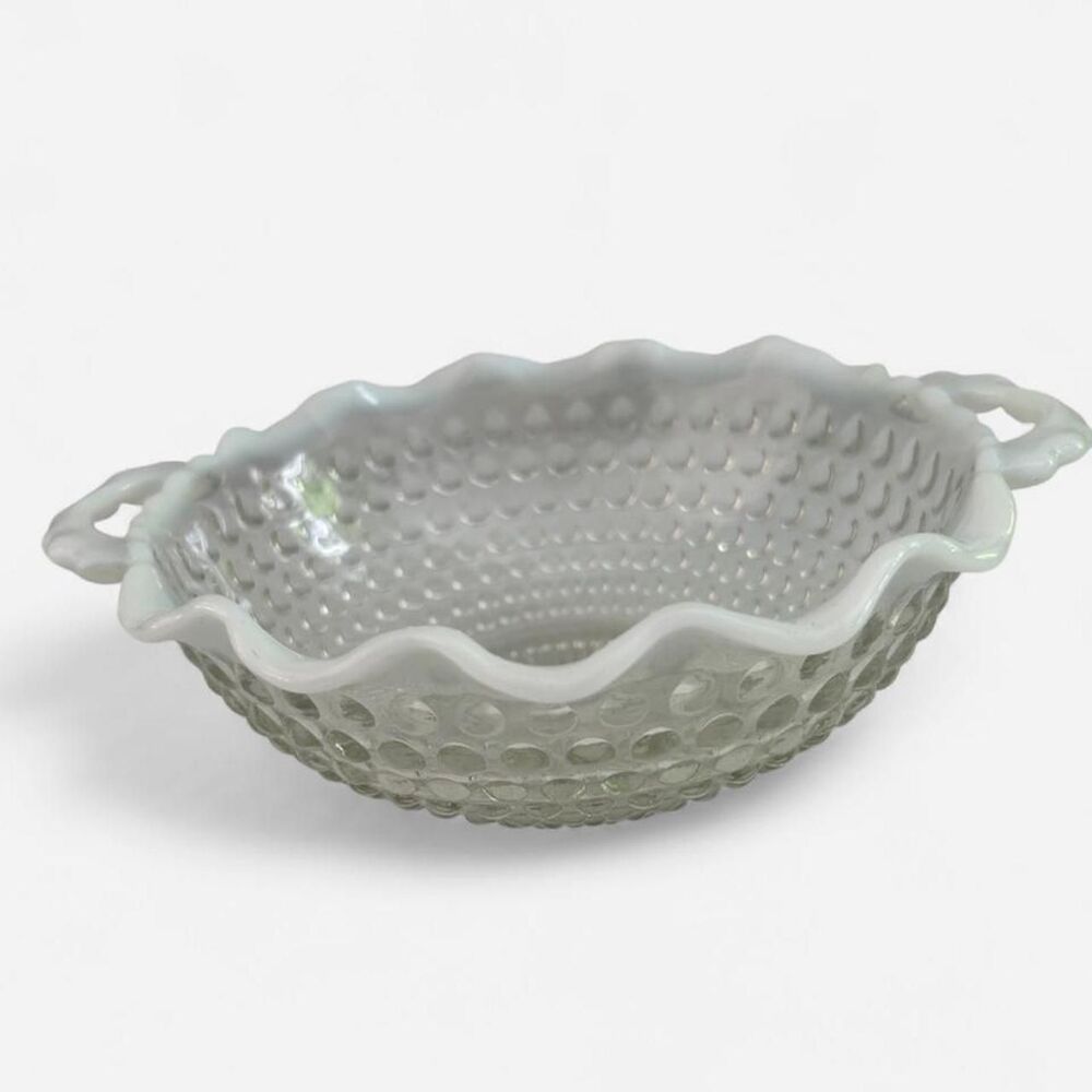Anchor-hocking Moonstone Bowl with Ruffled Milk Glass Edge and Handles